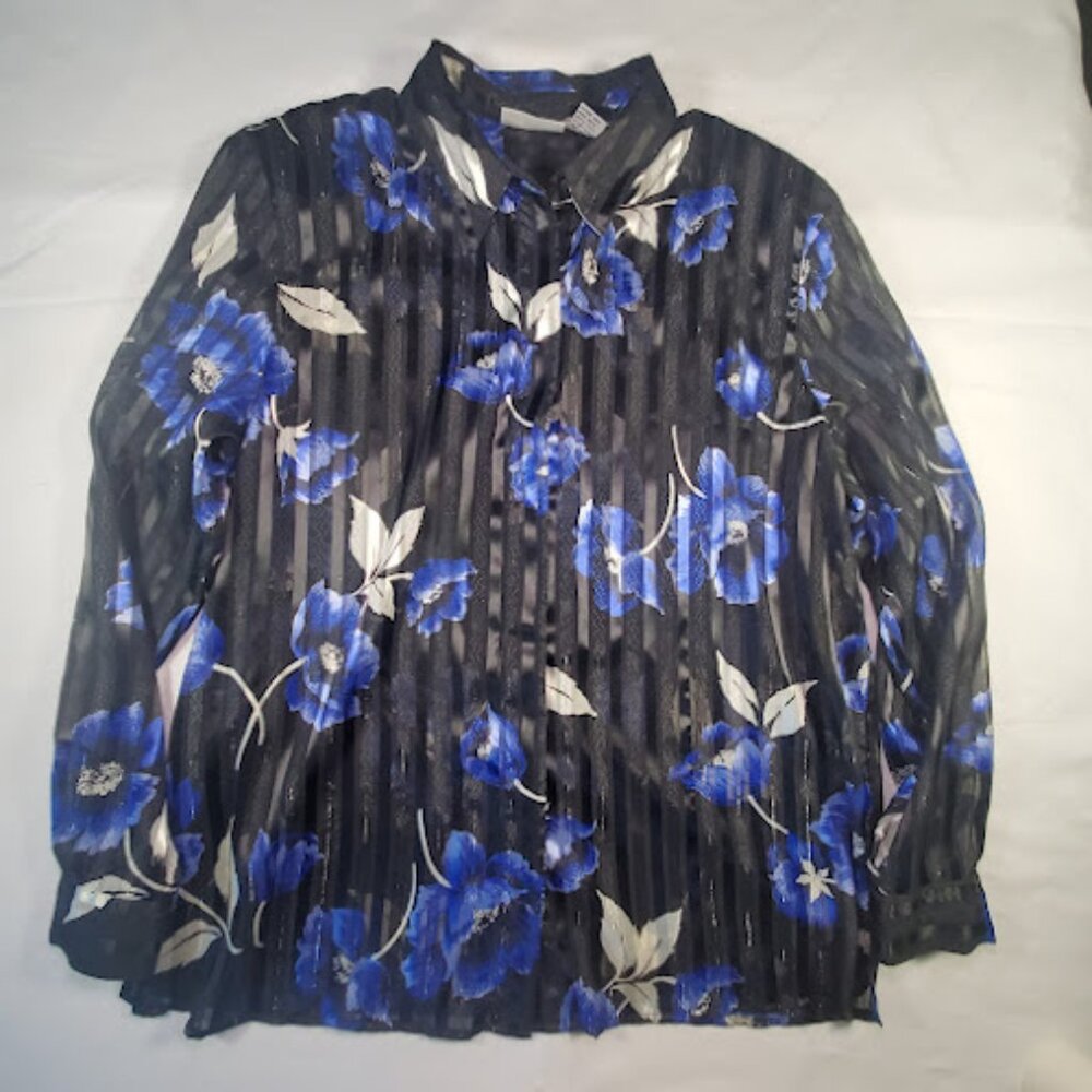 Alfred Dunner Women Plus Size 16 Top Long Sleeve Black Blue Sheer Vintage 1990s